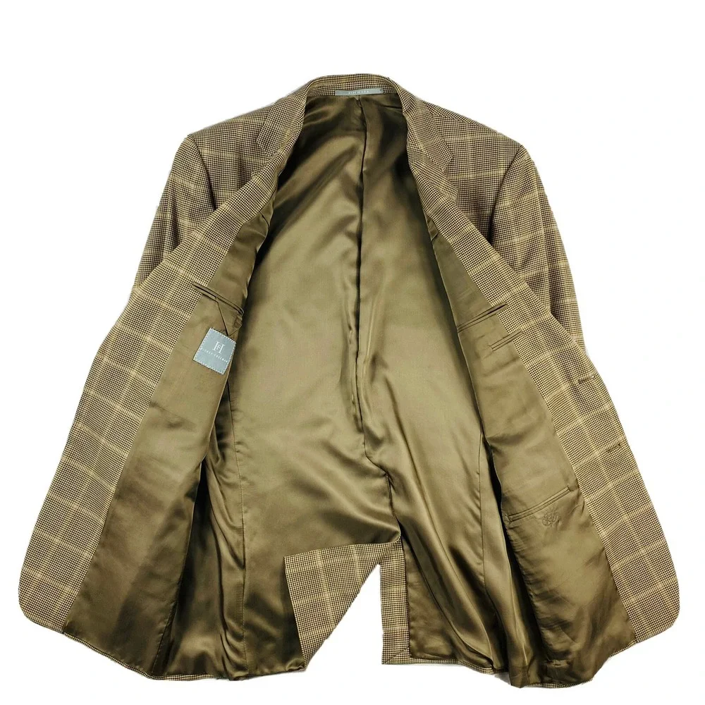 Hickey Freeman Brown Blue Windowpane Checked Wool Blazer Size 42L